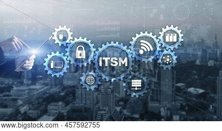 Itsm. Businessman Pressing Virtual Screen It Service Management. Concept For Information Technology 