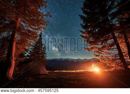 Breathtaking Starry Sky During Summer Vacations For Recreating In Spruce Forrest Of Carphathians, Ca
