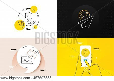Minimal Set Of Insurance Hand, Paper Plane And Exam Time Line Icons. Phone Screen, Quote Banners. Sh