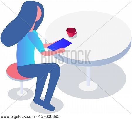 Young Woman Freelancer Sits At Table With Tablet And Coffee. Girl Working Or Studying With Modern Ga