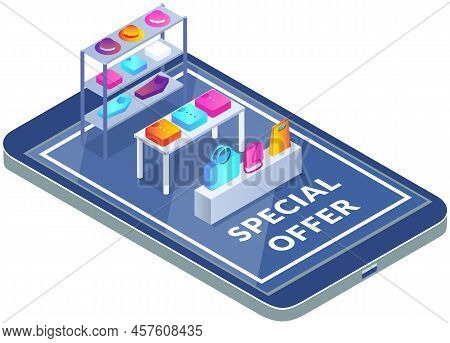Smartphone With Special Offer Inscription On Screen. New Clothes, Shopping Package, Packing Box On P