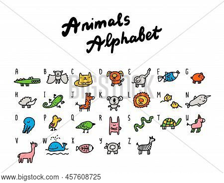 Animal Alphabet Abc Hand Drawn Vector Illustration In Cartoon Doodle Style For Kids Education School