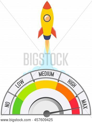 Rocket Takes Off Into Sky At High Jet Speed. Vector Illustration Spaceship And Speedometer Flat Desi