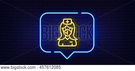 Neon Light Speech Bubble. Nurse With Medical Mask Line Icon. Doctor Assistant Sign. Face Protection 