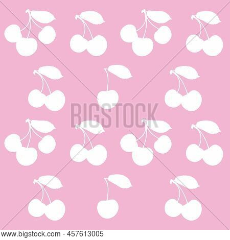Print With A White Cherry On A Pink Background. Appetizing Cherries And Sweet Cherries. Vector Pink 