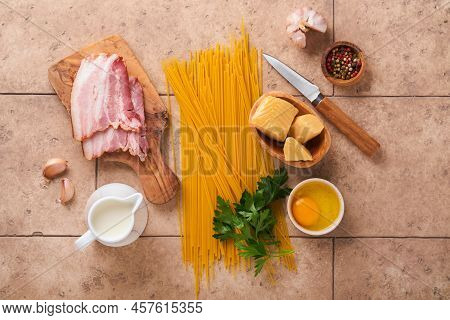 Ingredients For Pasta Carbonara. Traidtional Italian Pasta Carbonara Ingredients Bacon, Spaghetti, P
