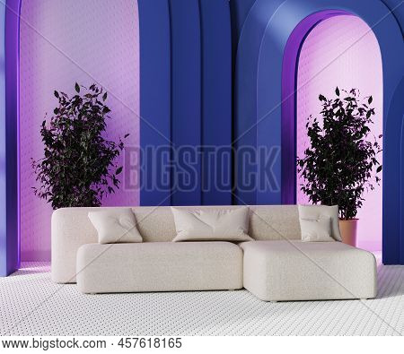 Contemporary Design Room With White Sofa On Mosaic Tiled Floor, Blue Arhces With Cove Lighting And P