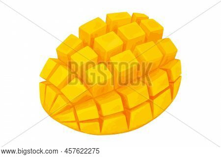 Vector Mango Slice Cut To Cubes. Half Fresh Tropic Fruit Diced. Realistic Eps Illustration Isolated 