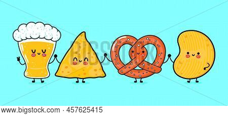 Cute, Funny Happy Glass Of Beer, Nachos, Chips, Pretzel. Vector Hand Drawn Cartoon Kawaii Characters