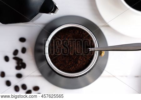 Freshly Ground Aromatic Coffee In A Geyser Coffee Maker. The Process Of Making Coffee In A Geyser Co