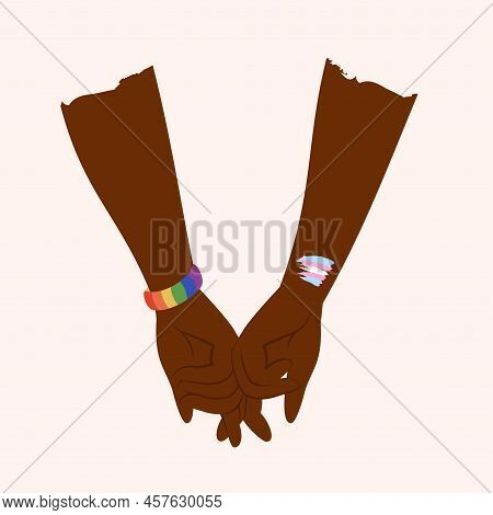 Lgbt Couple Holding Hands. Human Arms With Lgbtg Emblems, Rainbow, Flag. Wedding In Lgbti Community.