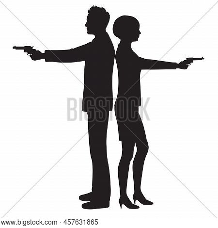 Vector Illustration Of A Detective Spy Man And Woman Character. Private Ivestigation Agent. Mafia Ga