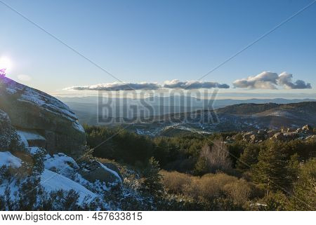 View From La Muela Nevada In La Garganta Extremadura In Spring Horizontal With Snow