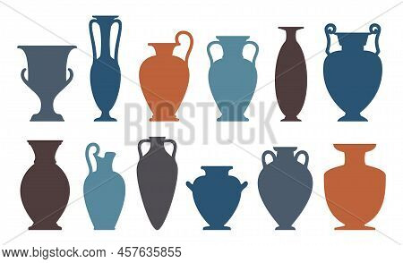 Vase Silhouettes Set. Different Antique Ceramic Vases And Vessels. Various Forms And Shapes Of Ancie