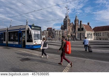 Amsterdam, The Netherlands - 21 June 2022: Gvb Tram At Centraal Station Square