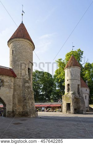Tallinn, Estonia. July 2022.  Panoramic View Of The Ancient Viru City Gate In The City Center