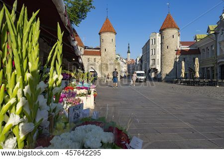 Tallinn, Estonia. July 2022.  Panoramic View Of The Ancient Viru City Gate In The City Center
