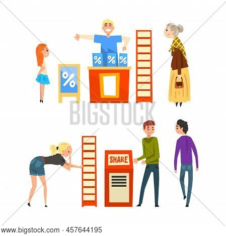 Man Promoter Advertising Products Or Services To Passerby At Trade Show Vector Set