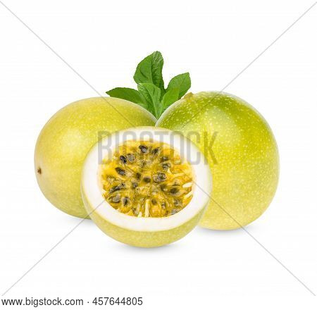 Passion Fruit; Passiflora Edulis With Leaves Isolated On White Background