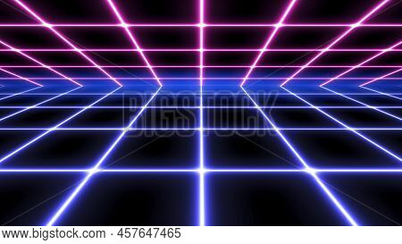 Neon Grid Background. Futuristic Digital Syntwave Colored Lines On A Black Empty Surface Glowing In 