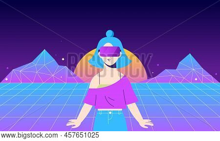 Metaverse Digital Cyber World Technology. Girl Holding Virtual Reality Glasses In Cyberspace. Modern