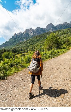 A Young Woman On The Trekking To The Piedrafita Arch In The Pyrenees In Panticosa, Aragon