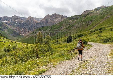 A Hiker On The Trek In The Ripera Valley In The Town Of Panticosa In The Pyrenees