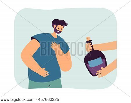 Hand Giving Bottle Of Cough Syrup To Sick Man. Man Having Flu, Influenza Or Cold Flat Vector Illustr