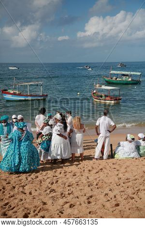 Salvador, Bahia, Brazil - February 2, 2022: Candomble Devotees And Supporters Of The African Matriaz