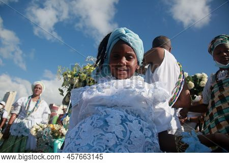 Salvador, Bahia, Brazil - February 2, 2022: Candomble Devotees And Supporters Of The African Matriaz