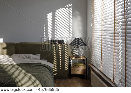 Modern Japandi Interior Design Appartment In Earth Tones, Natural Textures With Wooden Solid Oak Fur