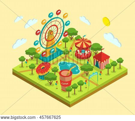 Amusement Park, Carousel Fountain Ferris Wheel Bistro Cafe Fantan, Amusement Park Isometry