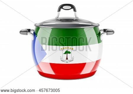 Equatoguinean Guinea National Cuisine Concept. Equatoguinean Guinea Flag Painted On The Stainless St