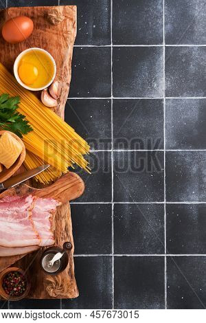 Ingredients For Pasta Carbonara. Traidtional Italian Pasta Carbonara Ingredients Bacon, Spaghetti, P