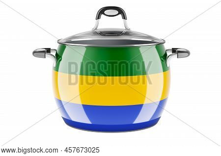 Gabonese National Cuisine Concept. Gabonese Flag Painted On The Stainless Steel Stock Pot. 3d Render