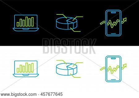 Set Line Mobile Stock Trading, Laptop With Graph Chart And Pie Infographic Icon. Vector
