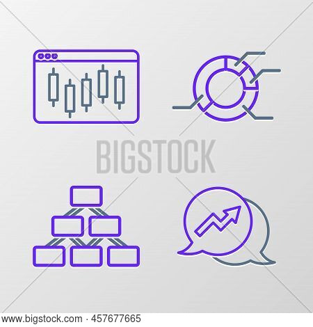 Set Line Financial Growth, Hierarchy Organogram, Pie Chart Infographic And Browser With Stocks Marke