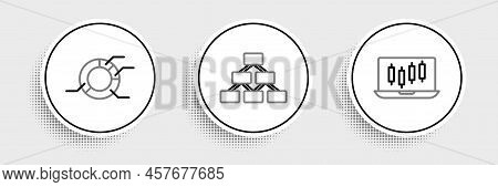 Set Line Stocks Market Growth Graphs, Pie Chart Infographic And Hierarchy Organogram Icon. Vector