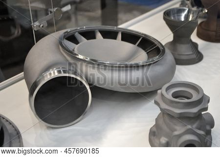 Model Object Of A Large Industrial Part Printed On A 3d Printer From Metal Close-up. New Modern Prog