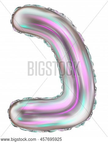 Silver Foil Inflatable Toys Font Hebrew Letters Balloons. 3d Illustration Of A Realistic Letter Nun.