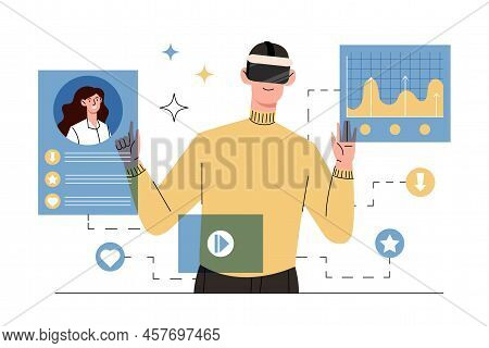Man With Virtual Reality Glasses. Guy Uses Vr, Modern Technology. Company Applies Innovation, Analyt