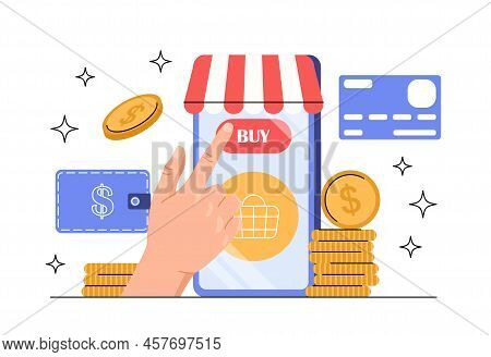 Concept Of E Commerce And Online Shopping. Customer Or Consumer Hand Presses Buy Button On Smartphon