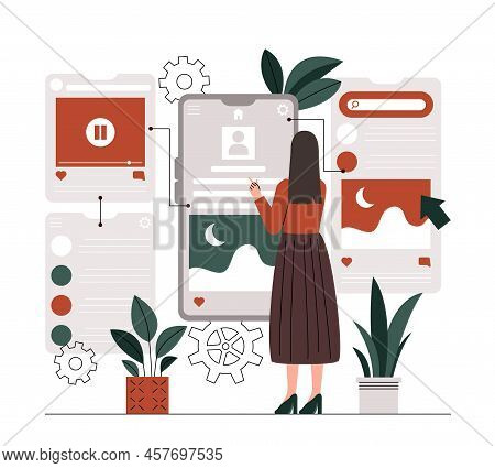 User Flow Concept. Woman Evaluates Statistics Of Page Using Graphs And Diagram, Girl Analyzes Number