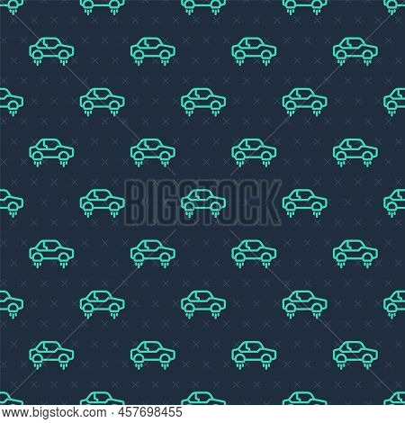 Green Line Fantastic Flying Car Icon Isolated Seamless Pattern On Blue Background. Hover Car Future 
