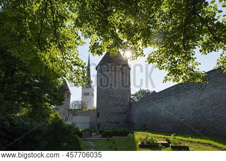 Tallinn, Estonia. July 2022.  View Of The Koismae Torn Medieval Tower In The Historic City Center