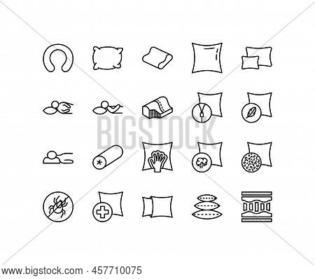 Pillow Flat Line Icons Set. Accessory For Travel And Bedroom, Orthopedic Pillow With Foam Memory, Ce