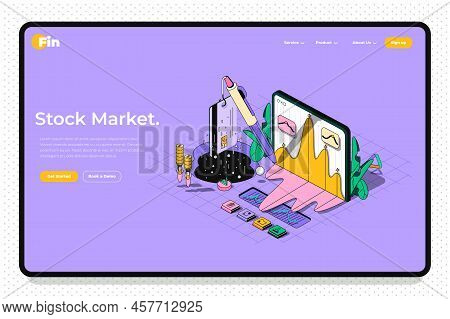 Stock Market Concept 3d Isometric Outline Landing Page. Trading On Stock Exchange, Analysis Of Finan