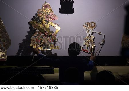 Wayang Kulit Or Shadow Puppets From Java, Indonesia Puppet Show By Dalang Or Puppeteer . Wayang Made