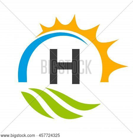 Letter H Agriculture Logo Vector Template. Agriculture Logo Concept With Green Field And Bright Sun 