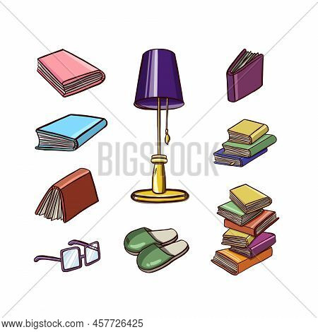 Book Set For Reading, Textbooks, Lamp, Glasses Color Illustration Vector